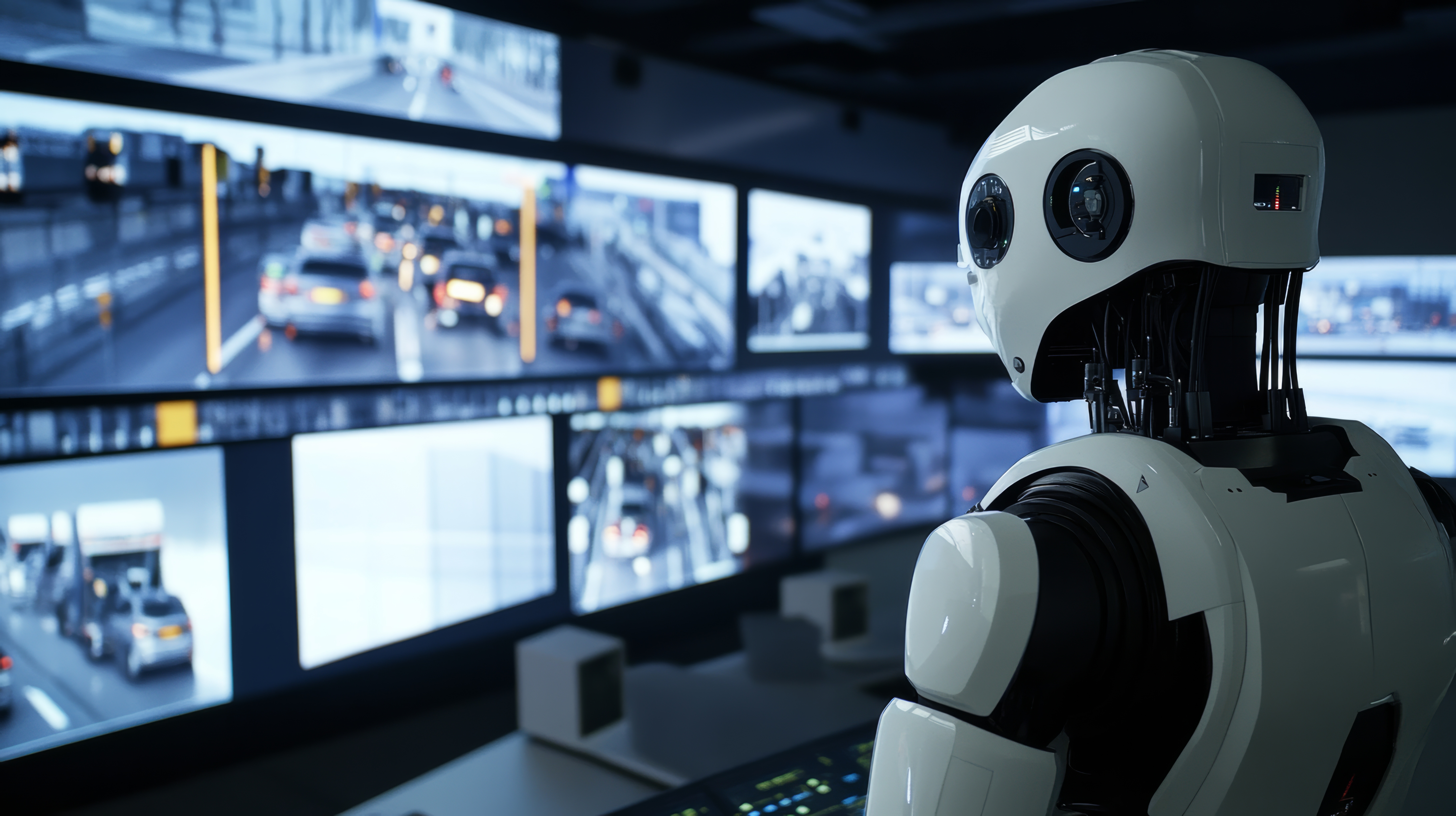 Robot monitoring traffic data on multiple screens
