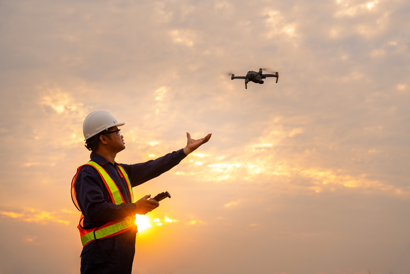 Drone operator wearing a helmet uses a remote controller as a quadcopter takes off at sunset.