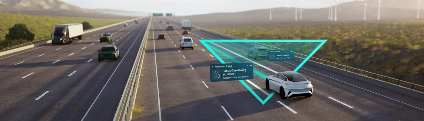 Autonomous car on highway with “Hands-free driving” overlay