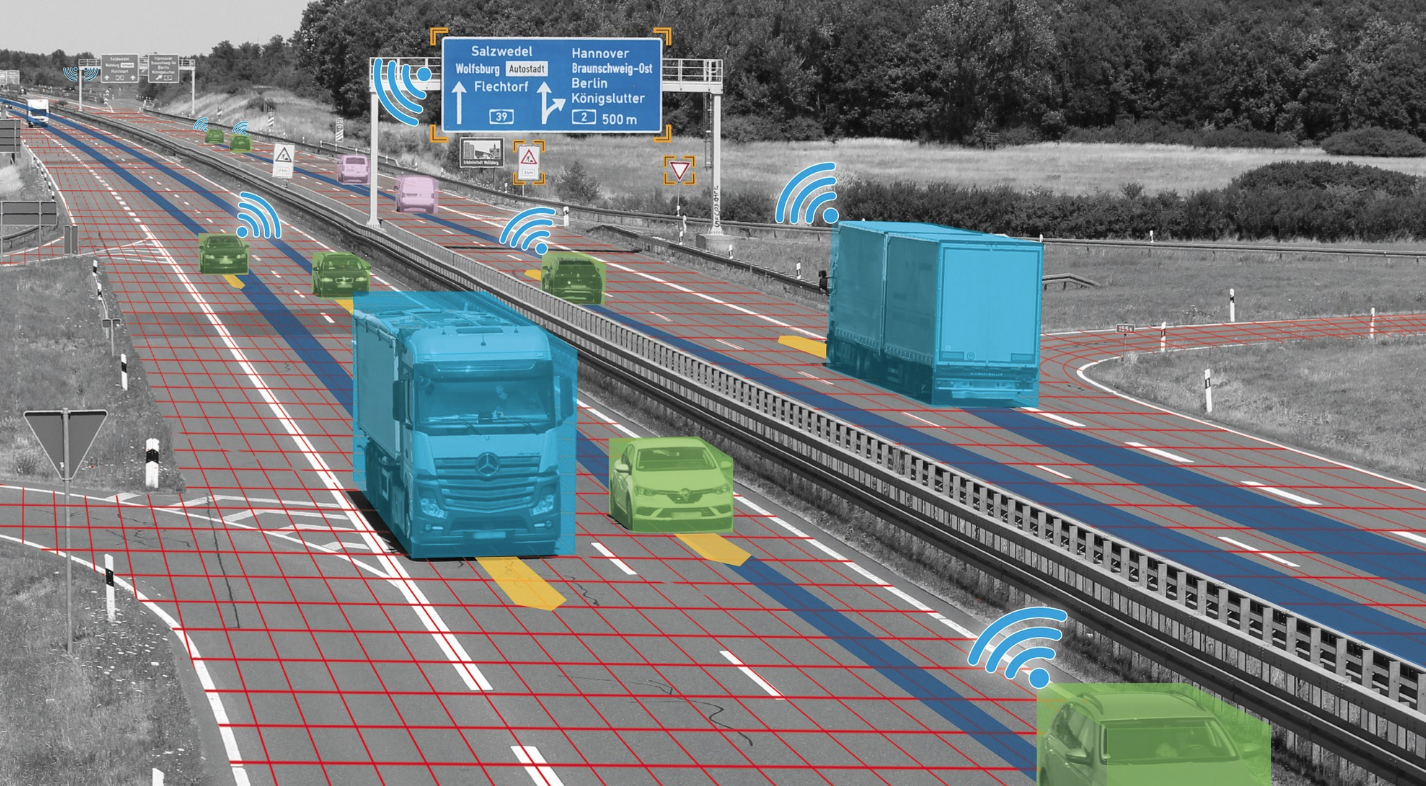 German Autobahn testbed with V2X overlays showing connected warnings and vehicle detection