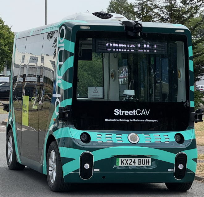 Driverless shuttle bus operating in Milton Keynes as part of a UK CAV trial