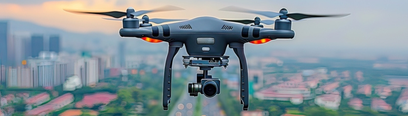 Quadcopter drone with gimbal camera hovering above a busy urban highway at dusk, city skyline blurred