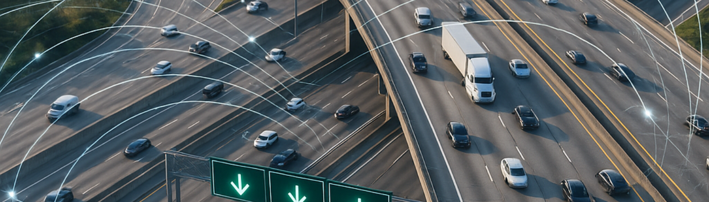 Drone view of busy US highway with cars, trucks and digital connectivity overlay.