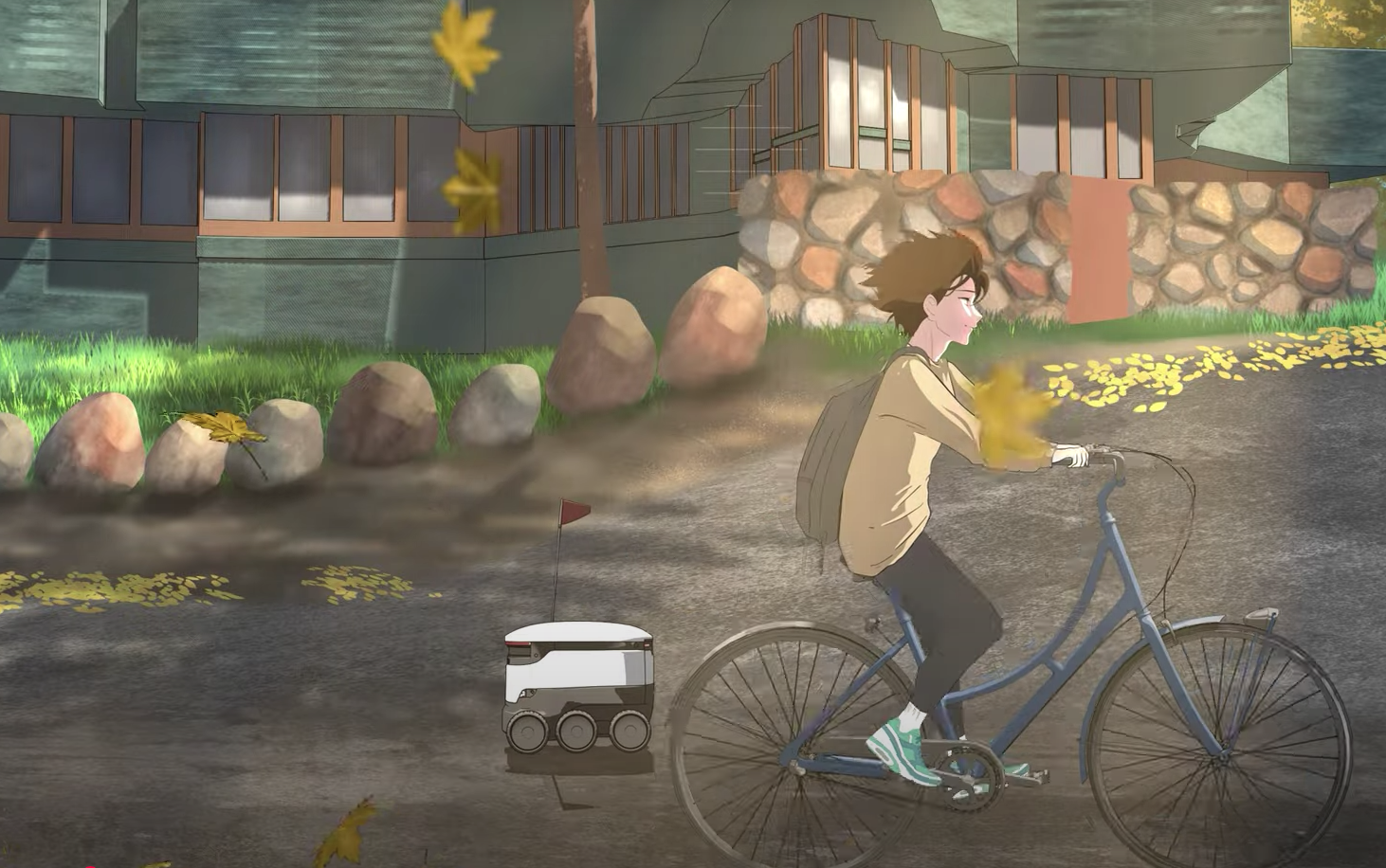 Animated-style image of a young person cycling with a small delivery robot following behind, representing digitally connected shared mobility in Helsinki.