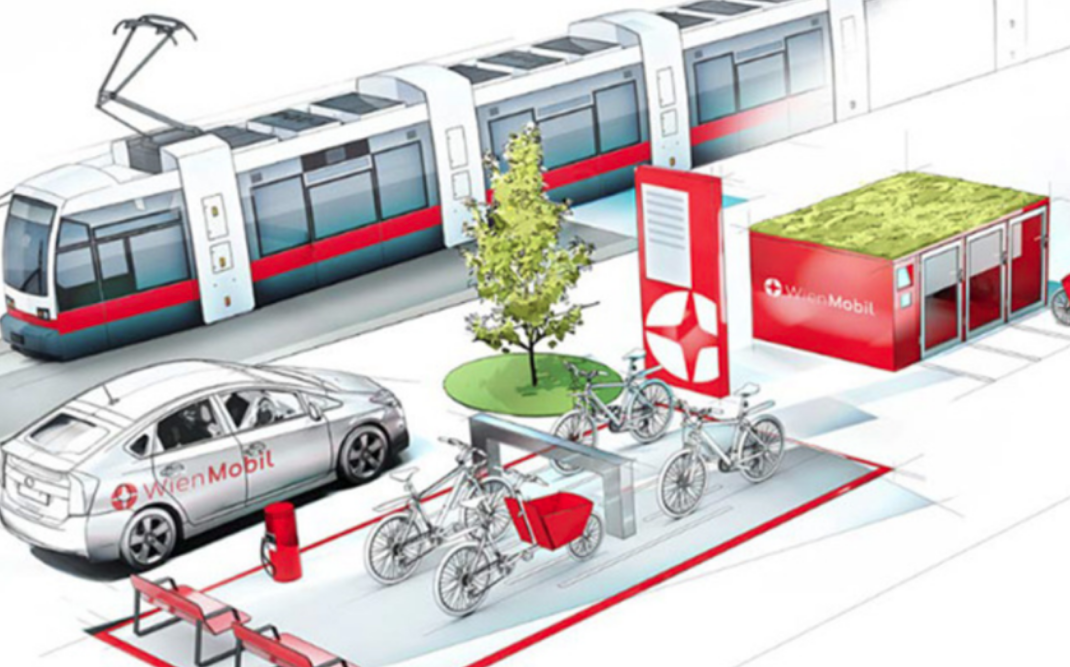 Illustration of a WienMobil station with tram, shared bikes, carsharing and a branded red service unit.