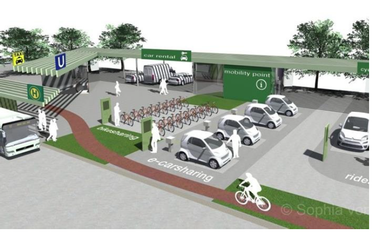 Wide architectural visual of an integrated mobility campus with cars, cyclists and pedestrians approaching a modern building in Copenhagen region.