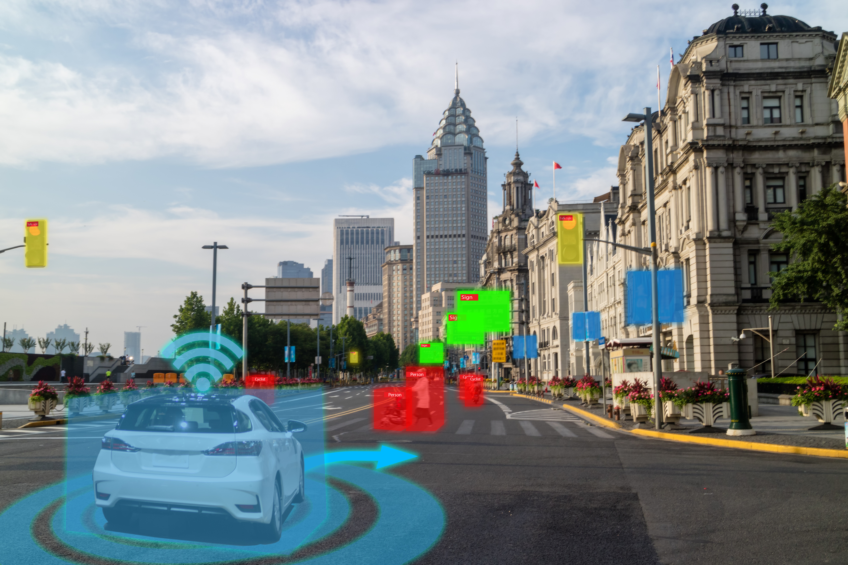 Autonomous test car analyzing a city street with object-detection overlays for signals, signs, pedestrians and vehicles