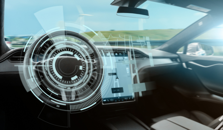 A close-up of a futuristic car dashboard