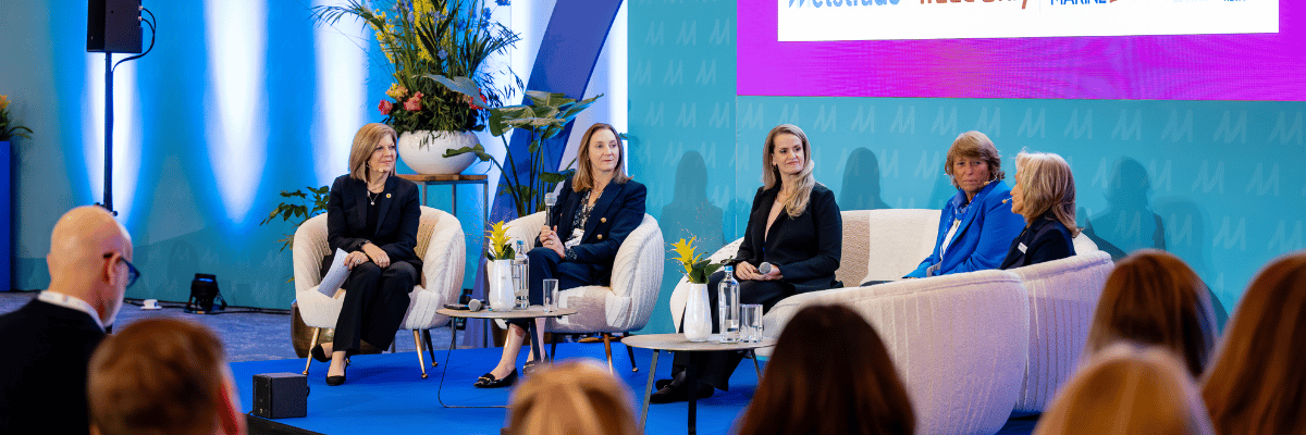 Women from the marine industry networking and talking at a Metstrade event in Amsterdam.