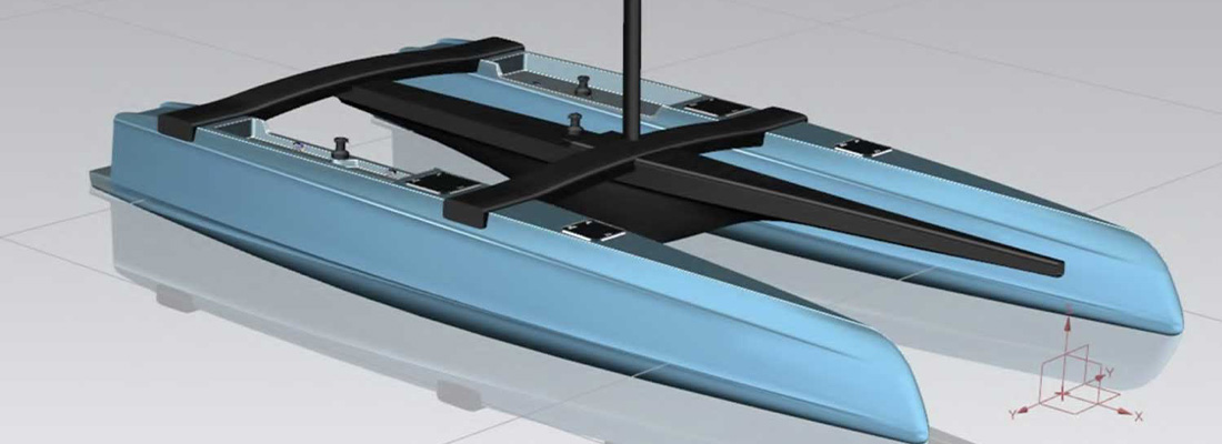 Blue sustainable powerboat displayed on land, showcasing an eco-friendly boat design and construction concept.