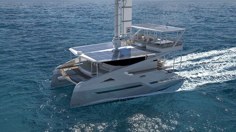 Modern eco-friendly yacht cruising on open water, featuring a sleek contemporary design and advanced technology for sustainable boating.