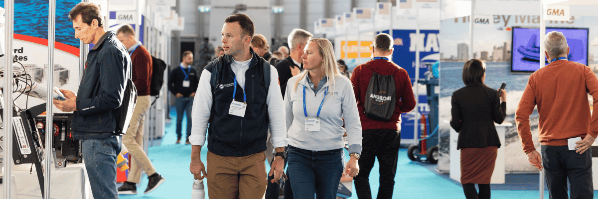 Visitors networking and meeting on the exhibition floor during Metstrade 2026 in Amsterdam.