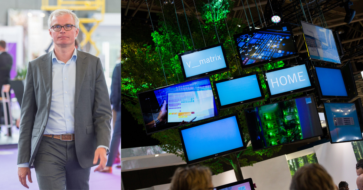 Bret Baas, Manager IT & Digital bij RAI Amsterdam gecombineerd met een beeld van verschillende beeldschermen in een groene achtergrond