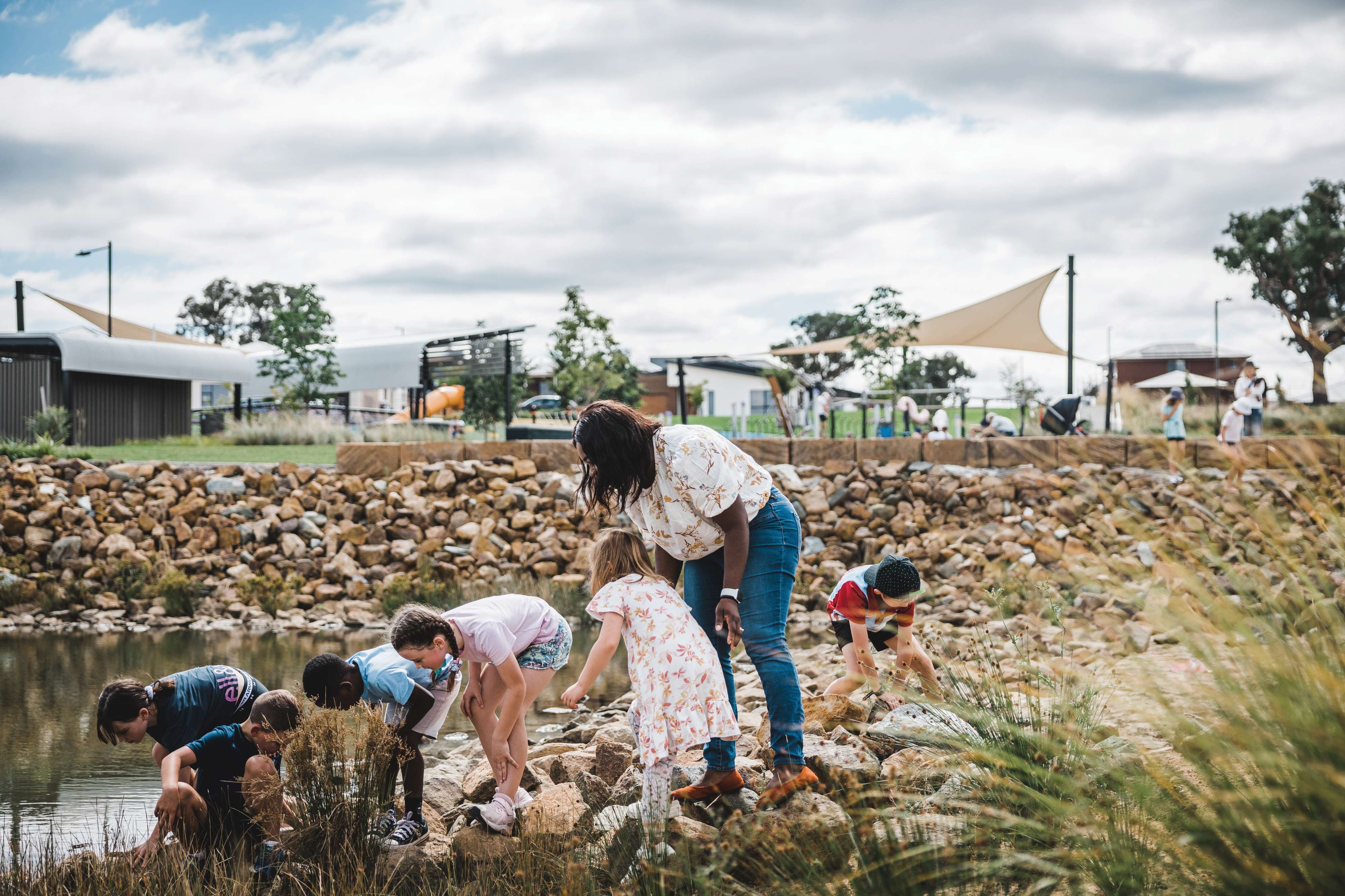 Horizon Hill Ginninderry kids and teacher exploring