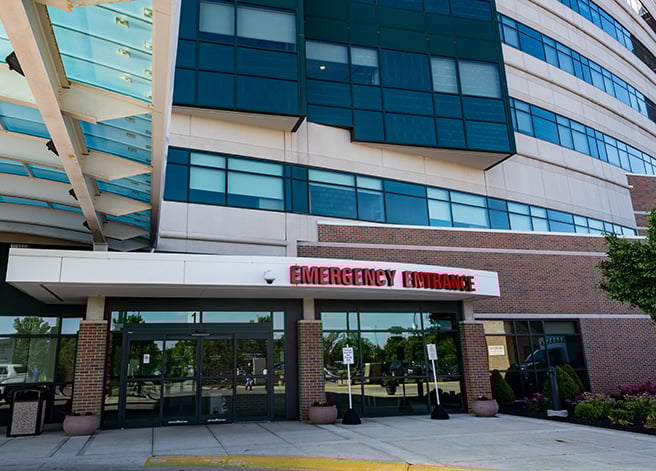 A outside view of the entrance to the emergency room at Reid Health's main campus