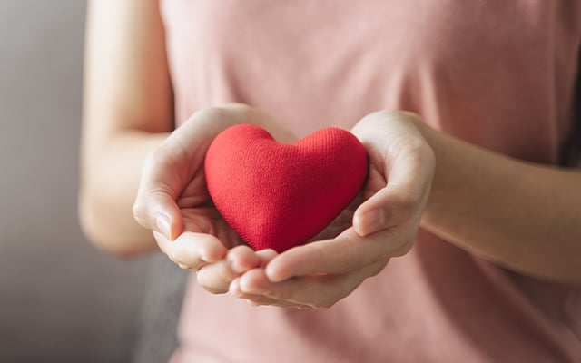 A close-up image of a woman holding a pillow heart in her hands