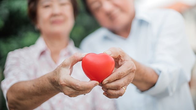 A man and a woman faded in the background holding a plastic heart in focus