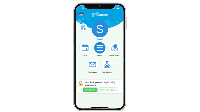An image of MyReid home page showing that a patient can access their test results from the home page.