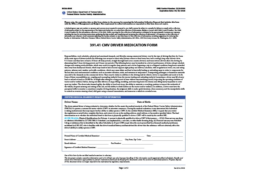 A sample of the CMV Driver medication form