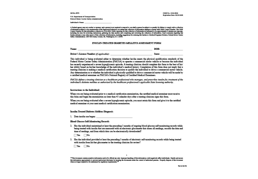 A sample for of the  Diabetes Assessment Form