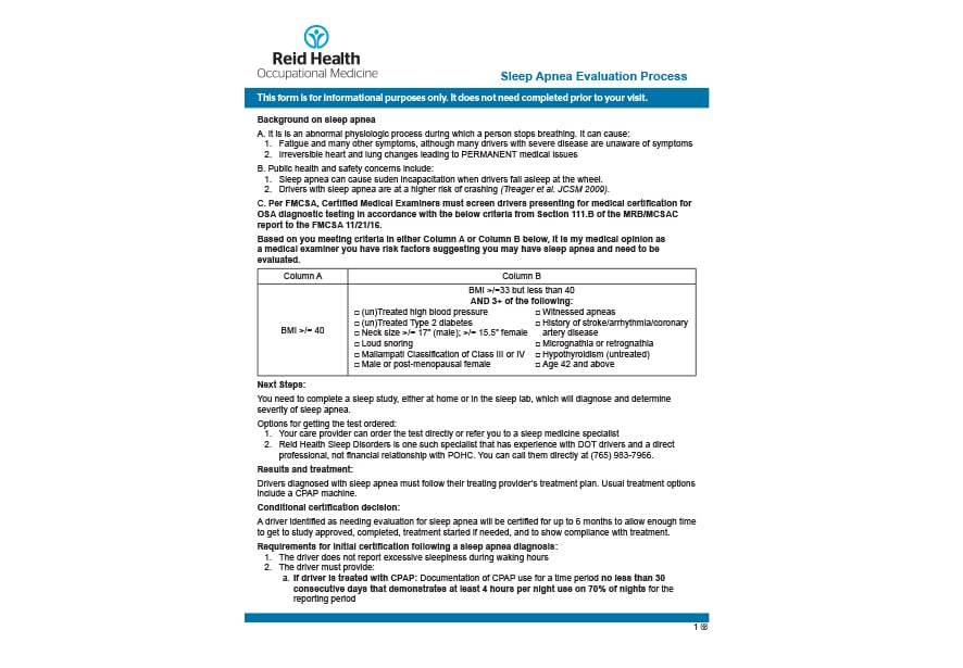 A sample of the Sleep Apnea form