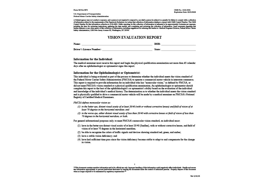 A sample of the Vision Assessment Form