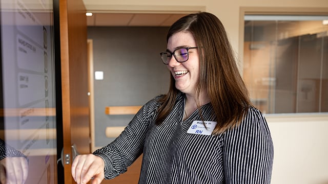 Reid Health's Maggie Westjohn demonstrating the Smart Room Technology 