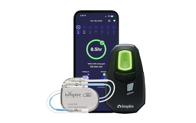 An image show the inspire device, the remote and a phone with the Inspire app displaying 