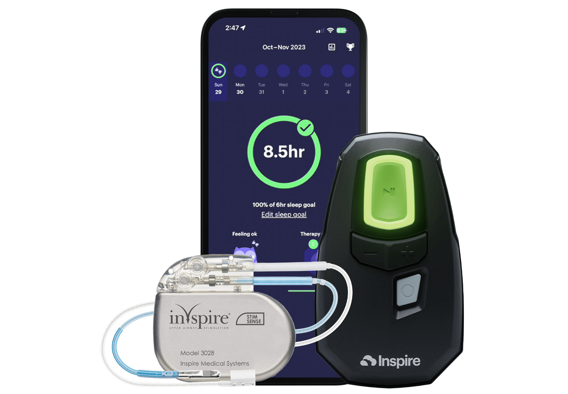An image show the inspire device, the remote and a phone with the Inspire app displaying 