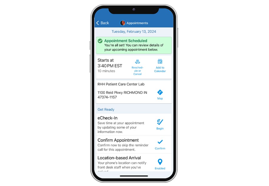 A sample of the MyReid app where you can access your appointments include video visits