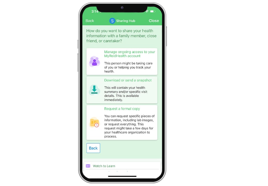 A sample of the MyReid app where a patient can request their medical records