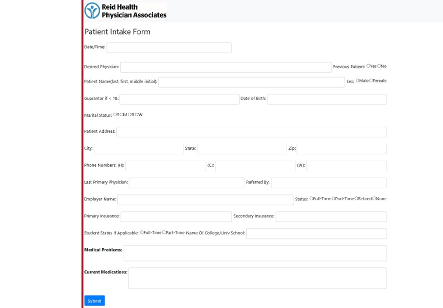 A sample of the Reid Health's new patient form