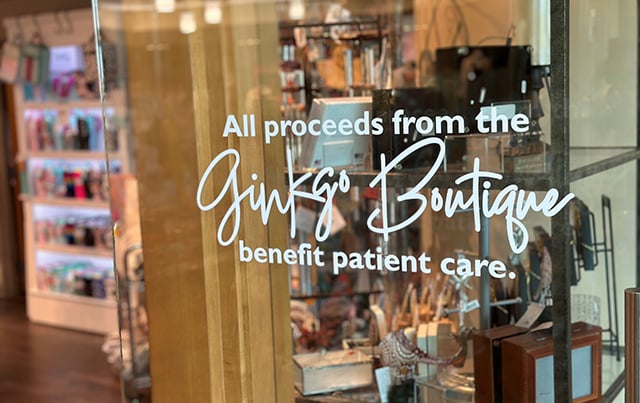 The door of the Ginkgo Boutique showing customers all proceeds form the shop goes back to patient care