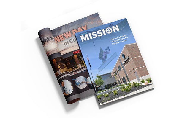 A sample mock up image showing the cover and an inside of page the Spring edition of Mission magazine. 