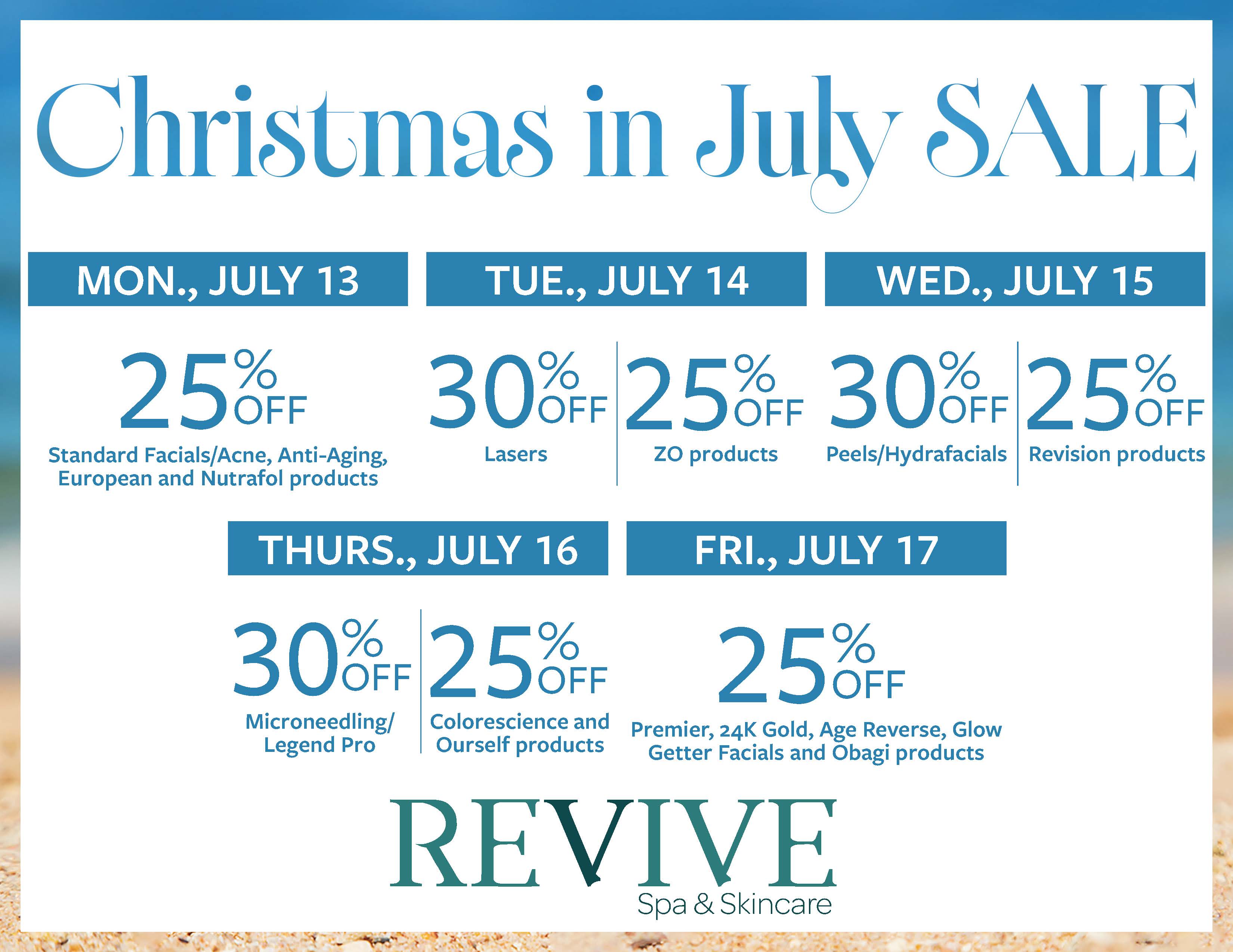 A graphic showing the sale information for 2026 Revive Spa and Skincare for Christmas and July sale