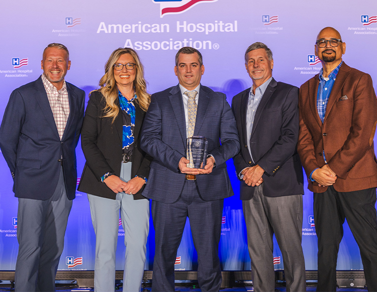 Pictured left to right, Jason Troutwine Reid Health Vice President/Foundation President, Misti Foust-Cofield Vice President/Chief Nursing Officer, Ben Wells President/CEO, Mark Harrington, Reid Foundation Board President, Muhammad Siddiqui, Vice President/Chief Information Officer