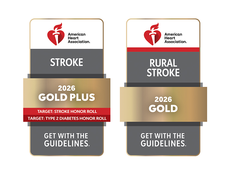 2026 American Heart Association Get with the Guidelines logos for 2026 Gold Plus for Stroke Care and Gold for Rural Stroke Care