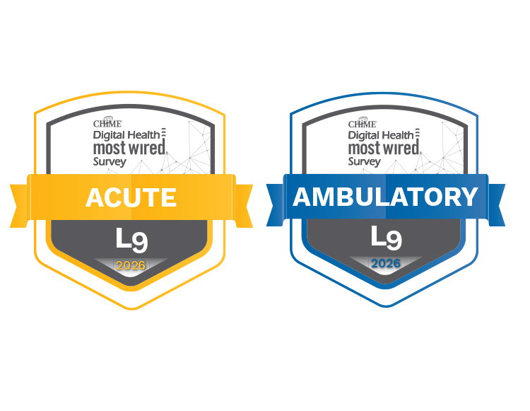Two 2026 CHIME Digital Health Most Wired Survey recognition badges: a gold Acute Level 9 badge and a blue Ambulatory Level 9 badge