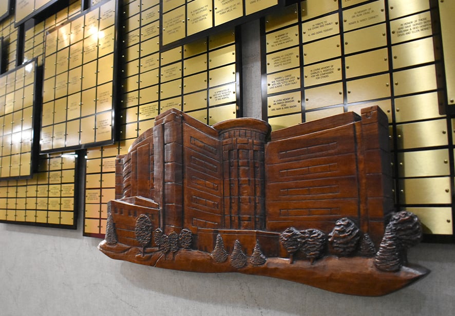 A close-up view of the donor wall at Reid Health main campus.