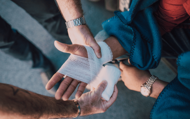 Photo is of a wrap placed on a wounded hand. Reid Health offers Stop the Bleed courses as part of Community Outreach efforts. 