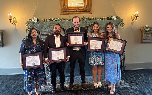 eid Health Family Medicine Residency Program’s Class of 2026 includes (from left) Salecah Ullah, MD; Rajesh Dhakal, MD; Jesse Smallwood, DO; Megan Hammersla, MD; and Christine Miller, DO.
