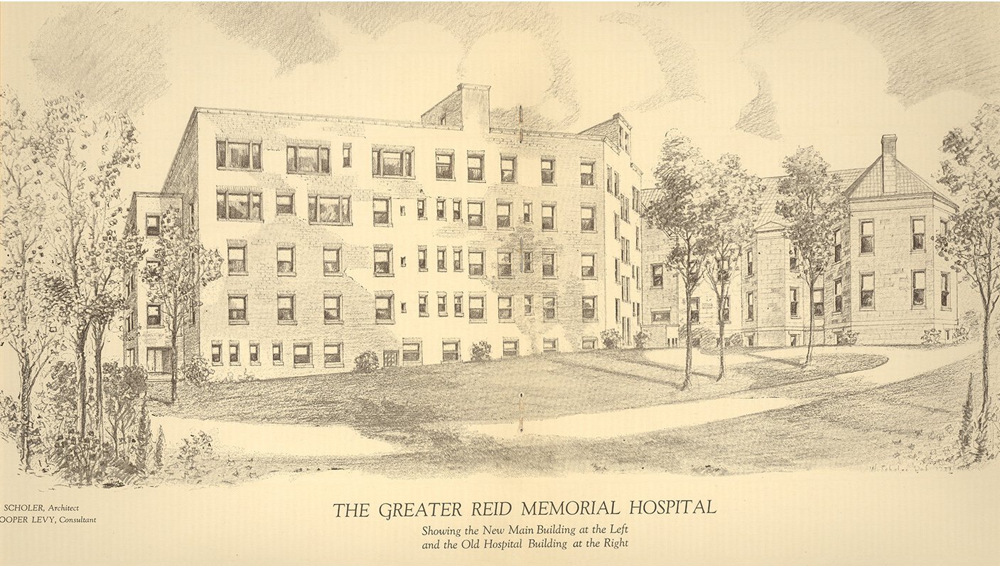 A historic photo/drawing of the Greater Reid Memorial Hospital
