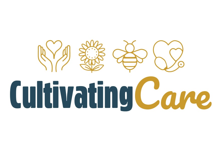 Reid Health's Cultivating Care logo with a helping hands, sunflower, bee, and care giver icons