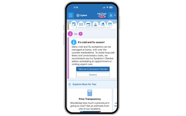 An example of the message you could receive about symptom checker during cold and flu season