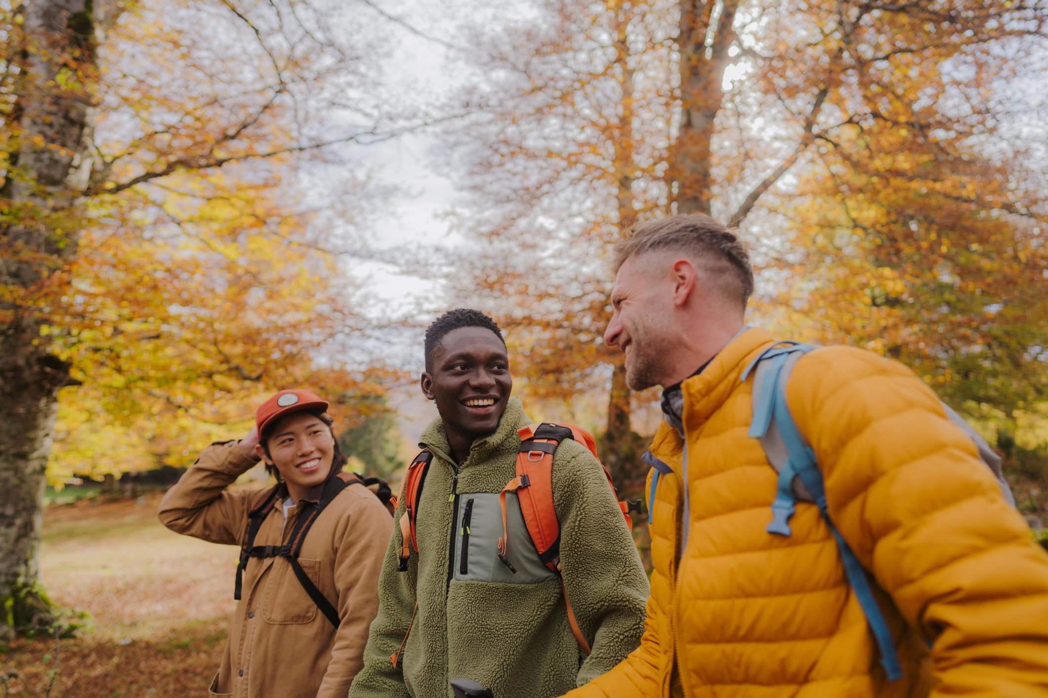 Three adult males having conversation while hiking