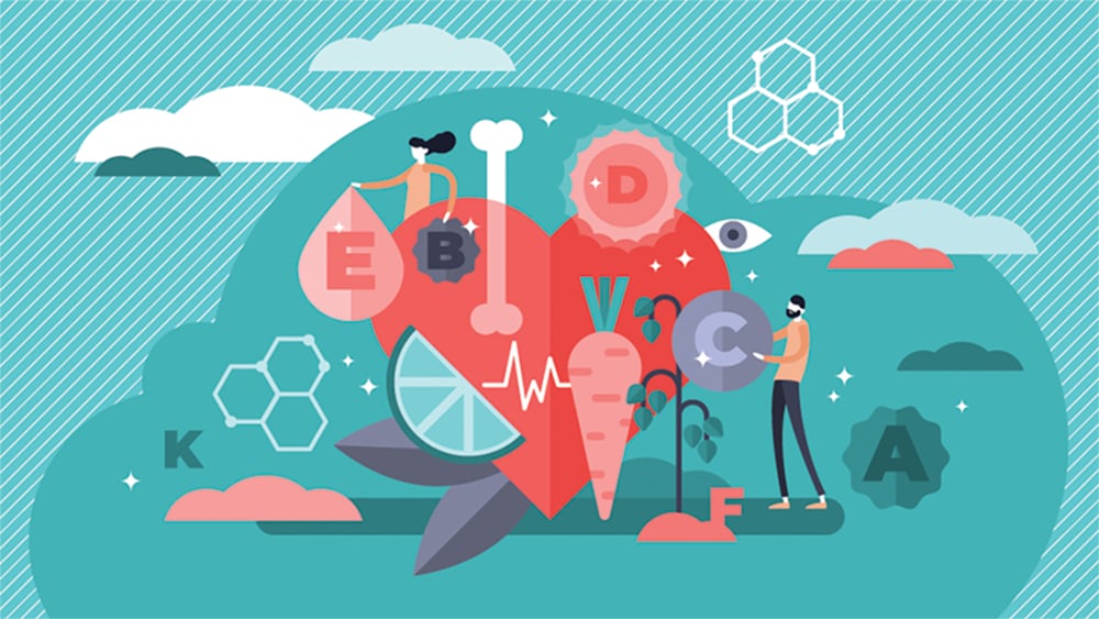 Illustration of people with vitamins, fruits, and vegetables
