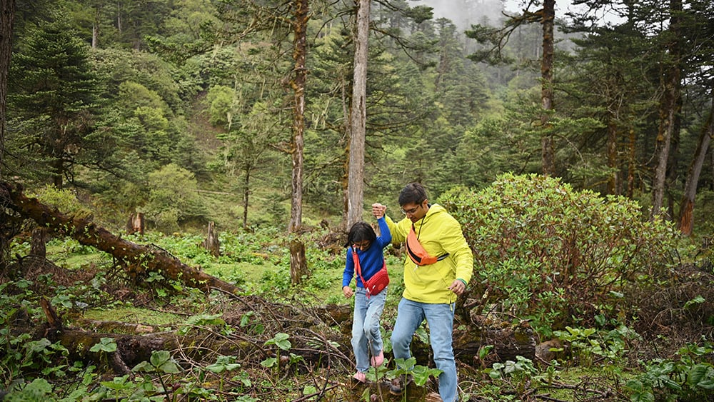 Father and daughter hiking together in nature