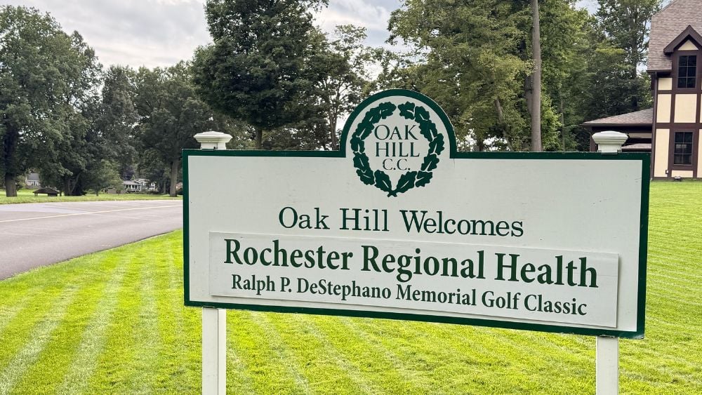 Sign stating Oak Hill welcomes Rochester Regional Health Ralph P. DeStephano Memorial Golf Classic