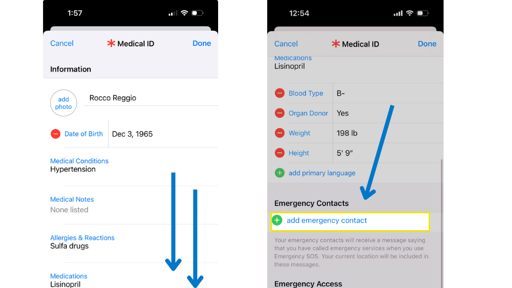 Screenshot for setting up emergency contact in iPhones