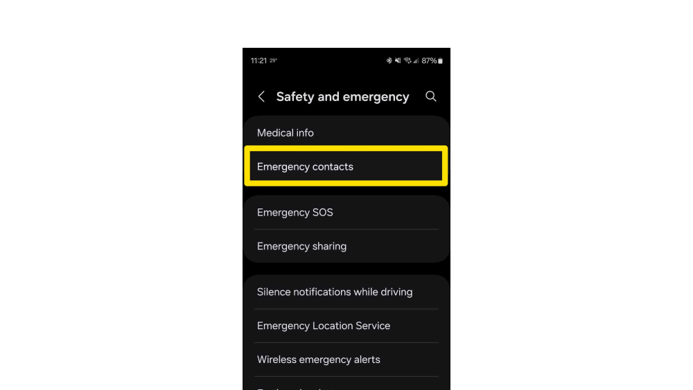 Screenshot for setting up emergency contact in Android phones
